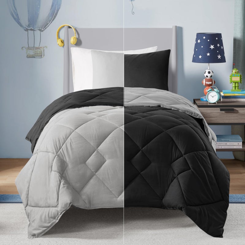 Comfort Spaces Vixie Reversible Comforter Set - Trendy Casual Geometric Quilted Cover, All Season Down Alternative Cozy Bedding, Matching Sham, Black/Gray, Twin/Twin XL 2 piece - Image 1